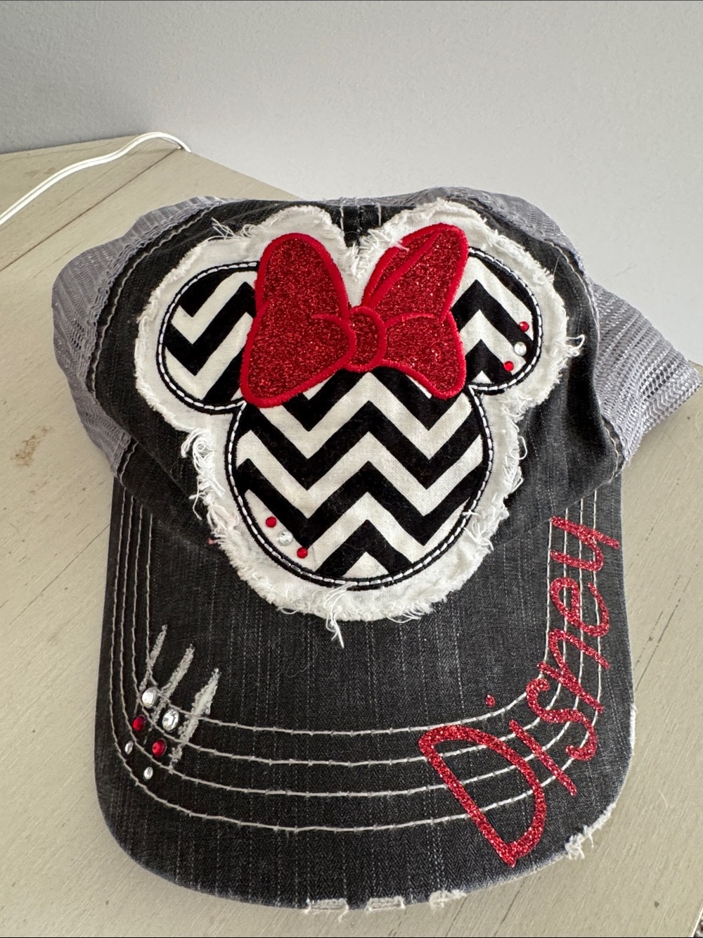 Striped Minnie Ear Cap with Red Glitter Bow